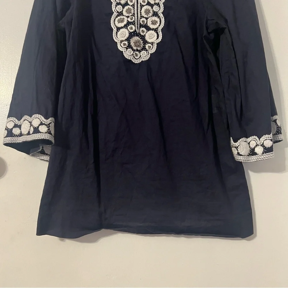 Tory Burch Semi-Sheer Embroidered Tunic Top in Navy Sz 2 Boho Chic Relaxed Fit